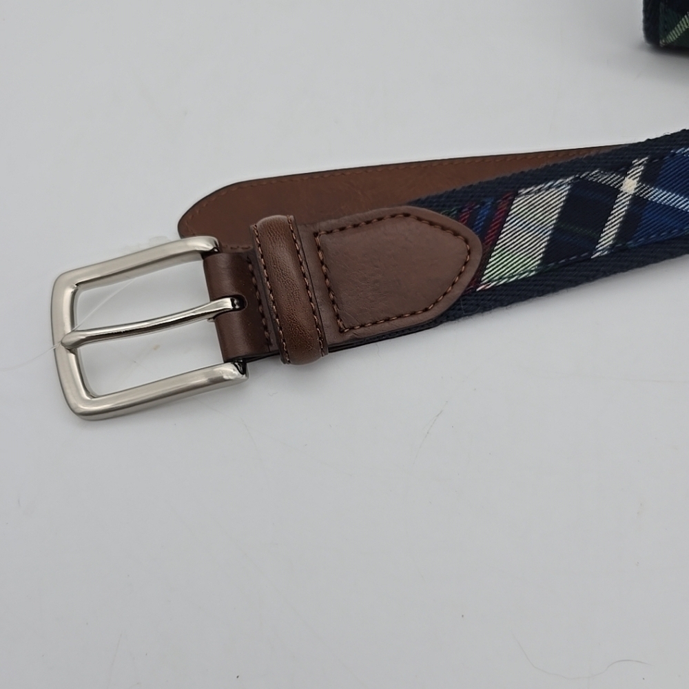 CEG Men Blue Green Striped Belt Size 38 Leather & Canvas NEW - Picture 3 of 11
